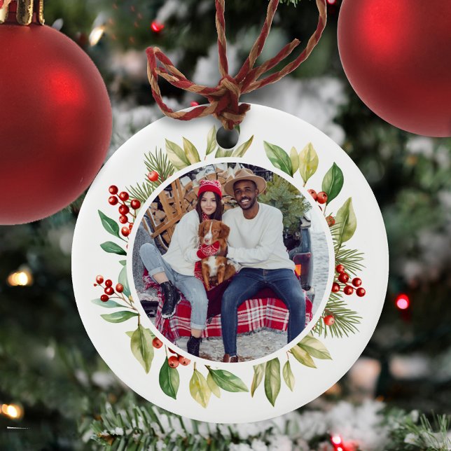 Red and Green Foliage Christmas Photo  Ceramic Ornament (Creator Uploaded)
