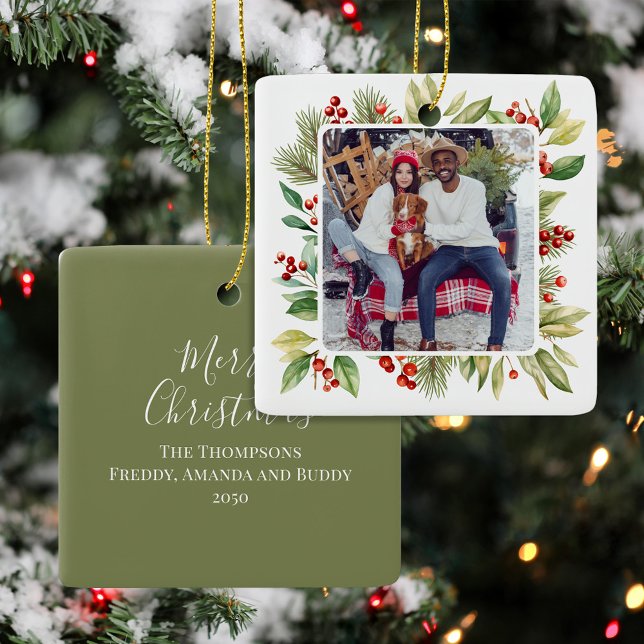 Red and Green Foliage Photo Christmas Ceramic Ornament (Christmas tree ornament decor with red and green winter foliage. )