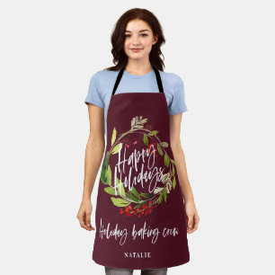 Red and green foliage wreath Christmas holiday Apron