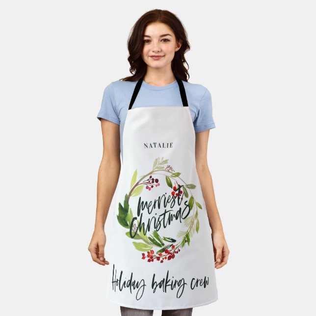 Red and green foliage wreath Christmas holiday Apron (Worn)