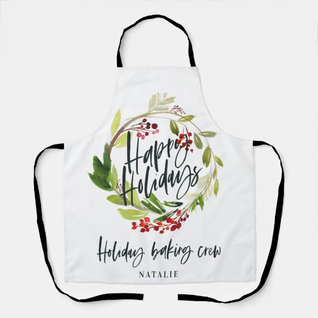 Red and green foliage wreath Christmas holiday Apron (Front)