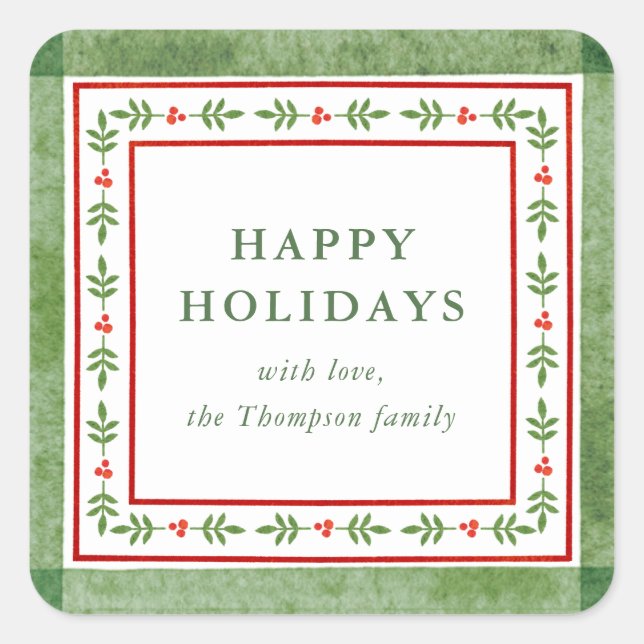 Red and Green Folk Inspired Happy Holidays Square Sticker (Front)