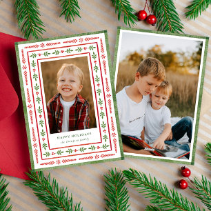 Red and Green Folk Inspired Watercolor 2 Photo Holiday Card