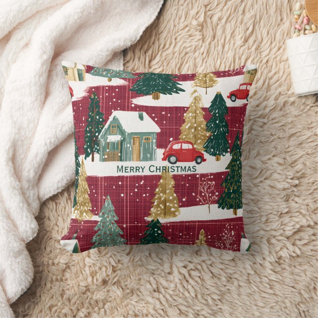 Red and Green Forest Christmas Village Cushion (Blanket)