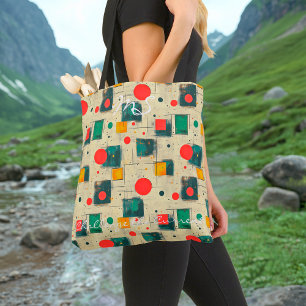Red and Green Geometric Art with Circles & Squares Tote Bag