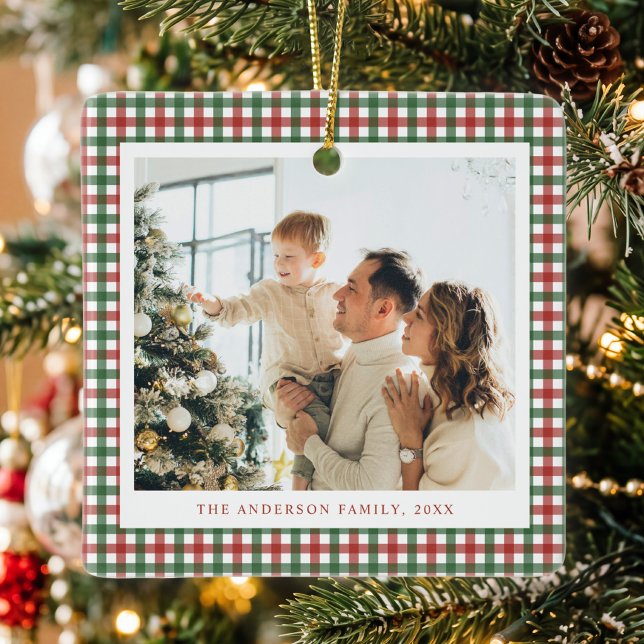 Red and Green Gingham Photo Ceramic Ornament (Creator Uploaded)