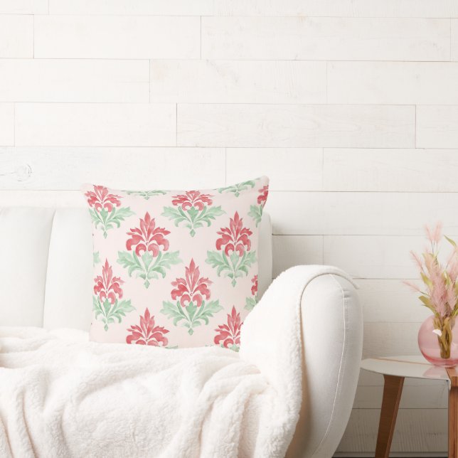 Red and Green Grandmillennial Christmas Damask Cushion (Couch)