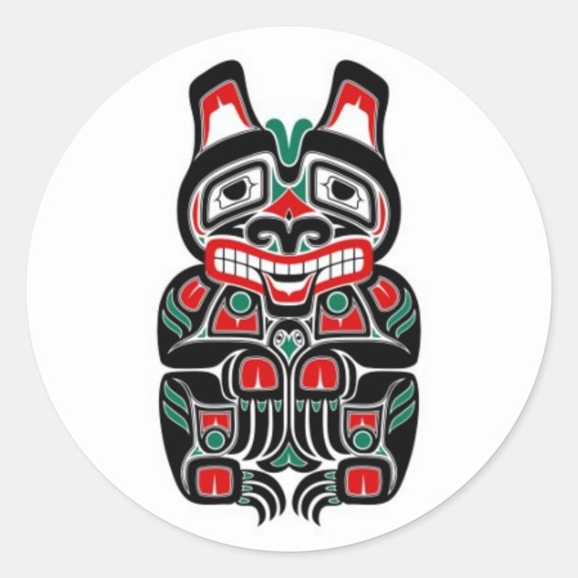 Red and Green Haida Spirit Bear Classic Round Sticker (Front)