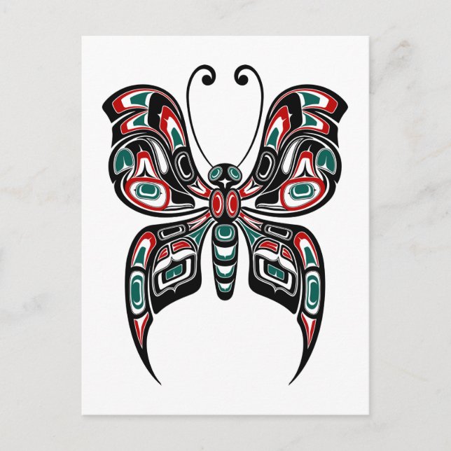 Red and Green Haida Spirit Butterfly on White Postcard (Front)