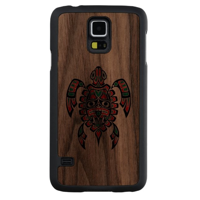 Red and Green Haida Spirit Sea Turtle Carved Walnut Galaxy S5 Case (Back)