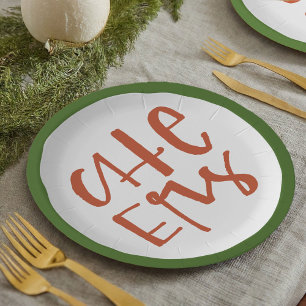 Red and Green Hand Lettered Cheers Festive Party Paper Plate