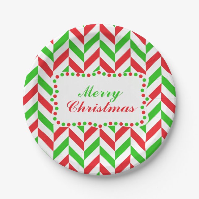 Red and Green Herringbone Pattern Christmas Paper Plate (Front)