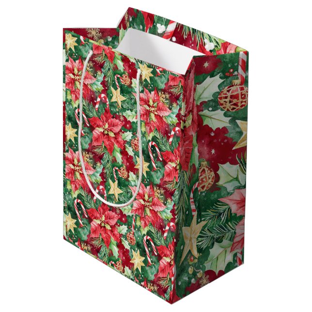 Red and Green Holiday Floral Candy Cane Medium Gift Bag (Back Angled)
