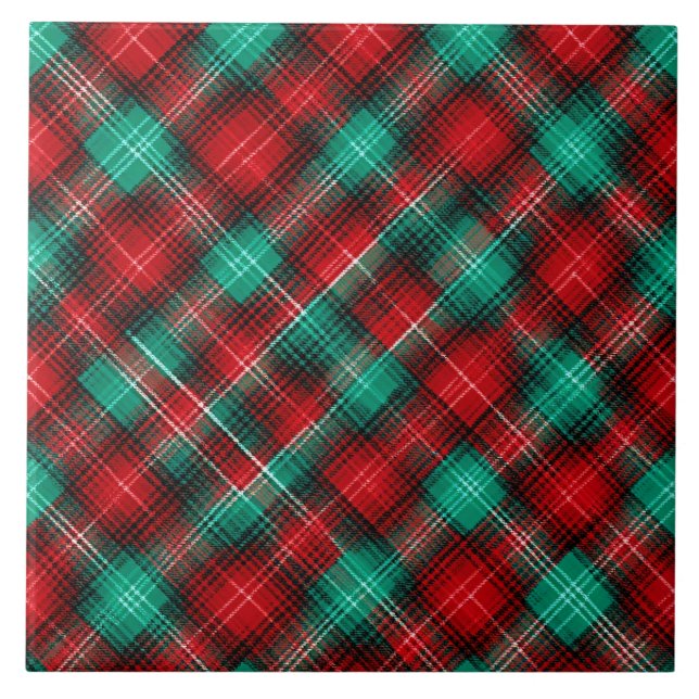 Red and green holiday plaid ceramic tile (Front)
