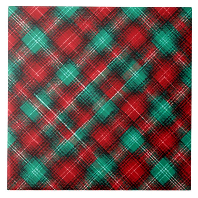 Red and green holiday plaid ceramic tile (Front)