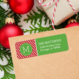 Red and Green Holiday Polka Dots Monogram Return Address Label