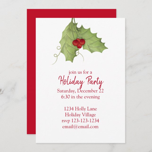 Red and Green Holly Berries Holiday Party Invitation (Front/Back)