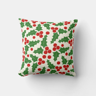 Red and green holly berry pattern Christmas Cushion