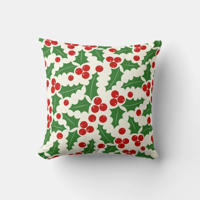 Red and green holly berry pattern Christmas Cushion (Front)