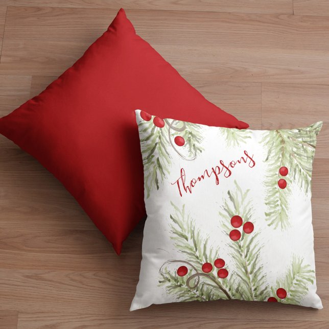 Red and Green Holly Custom Christmas Cushion (Christmas holiday greenery and red holly berries throw pillow. )