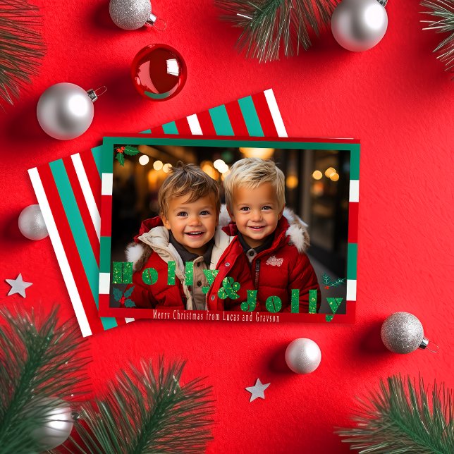 Red and Green 'Holly & Jolly' Christmas Photo Holiday Card (Festive Red Green and White Vibrant Traditional Christmas Photo Greeting Card)