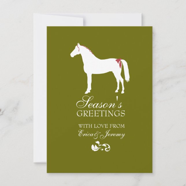 Red and Green Horse Damask Christmas Card (Front)