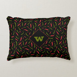 Red and Green Hot Chilli Pepper Design on Black Decorative Cushion
