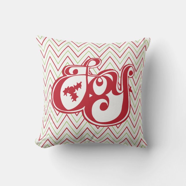Red and Green Joy Chevron Holiday Throw Pillow (Front)