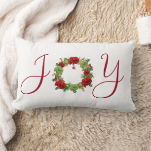 Red and Green JOY Wreath Add Name Christmas Lumbar Cushion