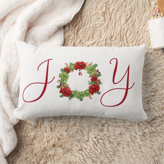 Red and Green JOY Wreath Add Name Christmas Lumbar Cushion (Blanket)