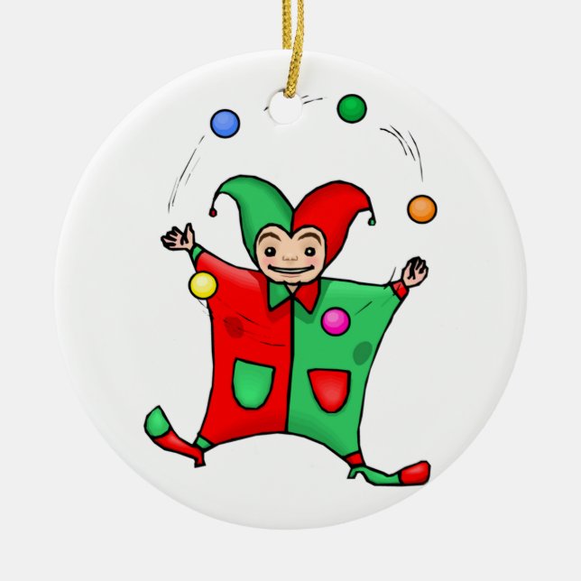Red and Green Juggling Jester Ceramic Tree Decoration (Front)