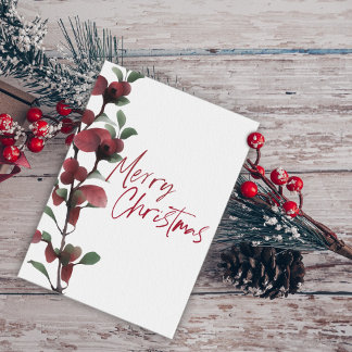 Red and Green Leaf Berry branch Watercolor Holiday Card