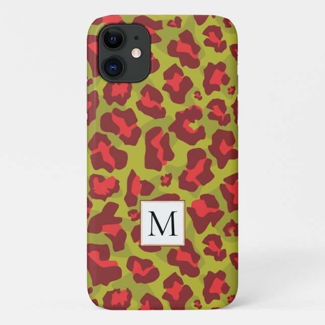 Red and green leopard animal print and monogram Case-Mate iPhone case (Back)