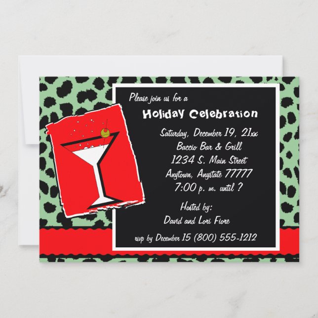 Red And Green Leopard Martini Party Invitation (Front)