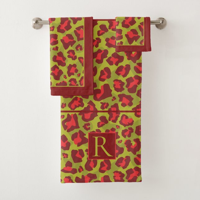Red and green leopard print and monogram bath towel set (Insitu)