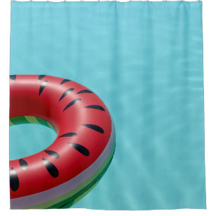 Red and green lifebuoy on swimming pool shower curtain