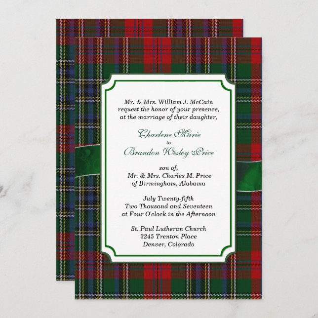 Red and Green MacClain Tartan Wedding Invitation (Front/Back)
