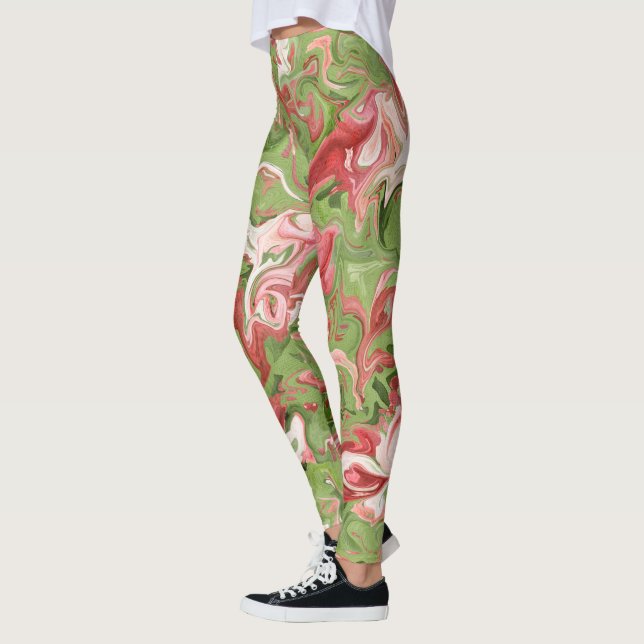 Red and Green Marble Abstract Pattern Christmas Leggings (Left)