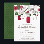 Red and Green Mason Jars Rehearsal Dinner Invitation<br><div class="desc">Invite guests to your event with this customisable rehearsal dinner invitation. It features green and red hanging mason jars with flowers and heartstrings. Personalise by adding your details. This mason jar invitation is perfect for any wedding theme or season. Matching items are available.</div>