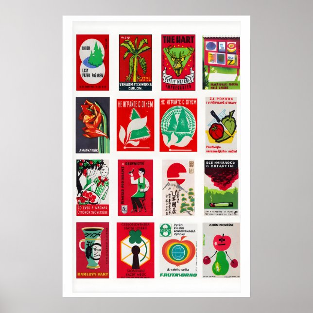 Red and Green Matchbox Label Collage, colour Poster (Front)