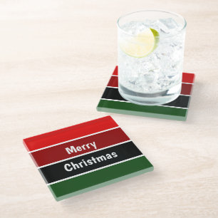 Red And Green Merry Christmas Glass Coaster