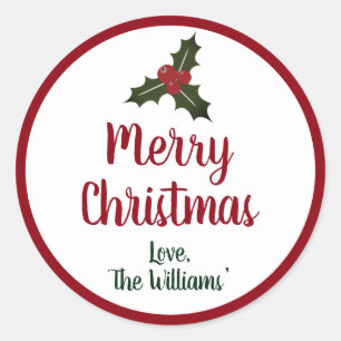 Red and Green Merry Christmas Holly Berries Classic Round Sticker