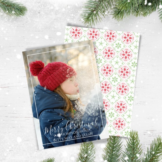 Red and Green Merry Christmas One Photo  Holiday Card (Merry Christmas photo card with red and green snowflake pattern,)