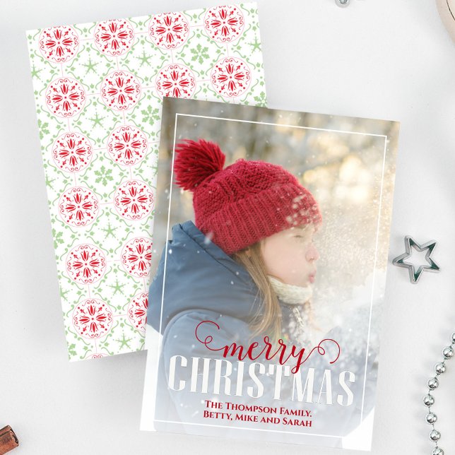 Red and Green Merry Christmas One Photo Holiday Card (Merry Christmas photo card with red and green snowflake pattern,)