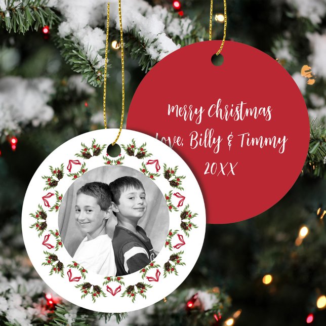 Red and Green Merry Christmas Photo Custom Ceramic Ornament (Classic Christmas photo wreath ornament template. )