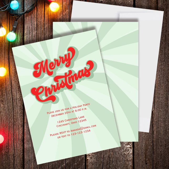 Red and Green Merry Christmas Retro Party Invitation (Merry Christmas Holiday Party invitation with whimsical retro style typography.  )