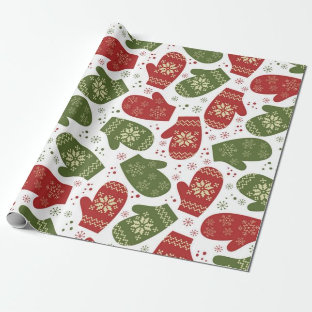 Red and Green Mittens with Snowflakes Christmas  Wrapping Paper (Unrolled)
