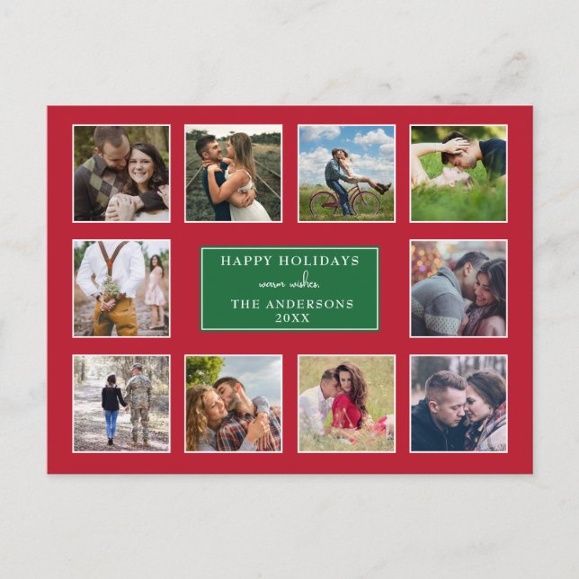 Red and Green Modern 10 Photo Collage Christmas Postcard (Front)