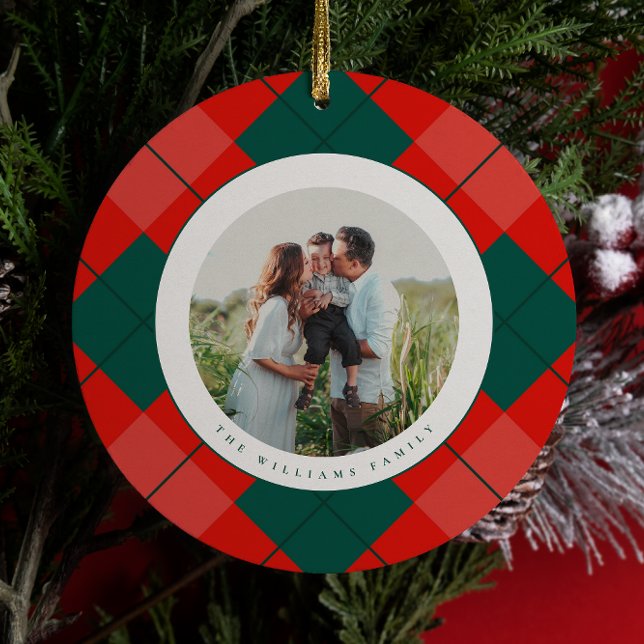 Red and Green Modern Plaid Family Photo Christmas Ceramic Ornament (Creator Uploaded)