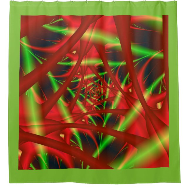 Red and Green Neural Network Spiral Shower Curtain (Front)
